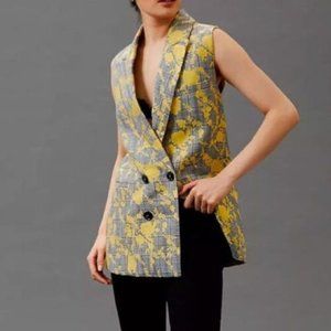 Hutch Floral Jacquard Longline Double-Breasted Vest Sleeveless Blazer, S- fits M